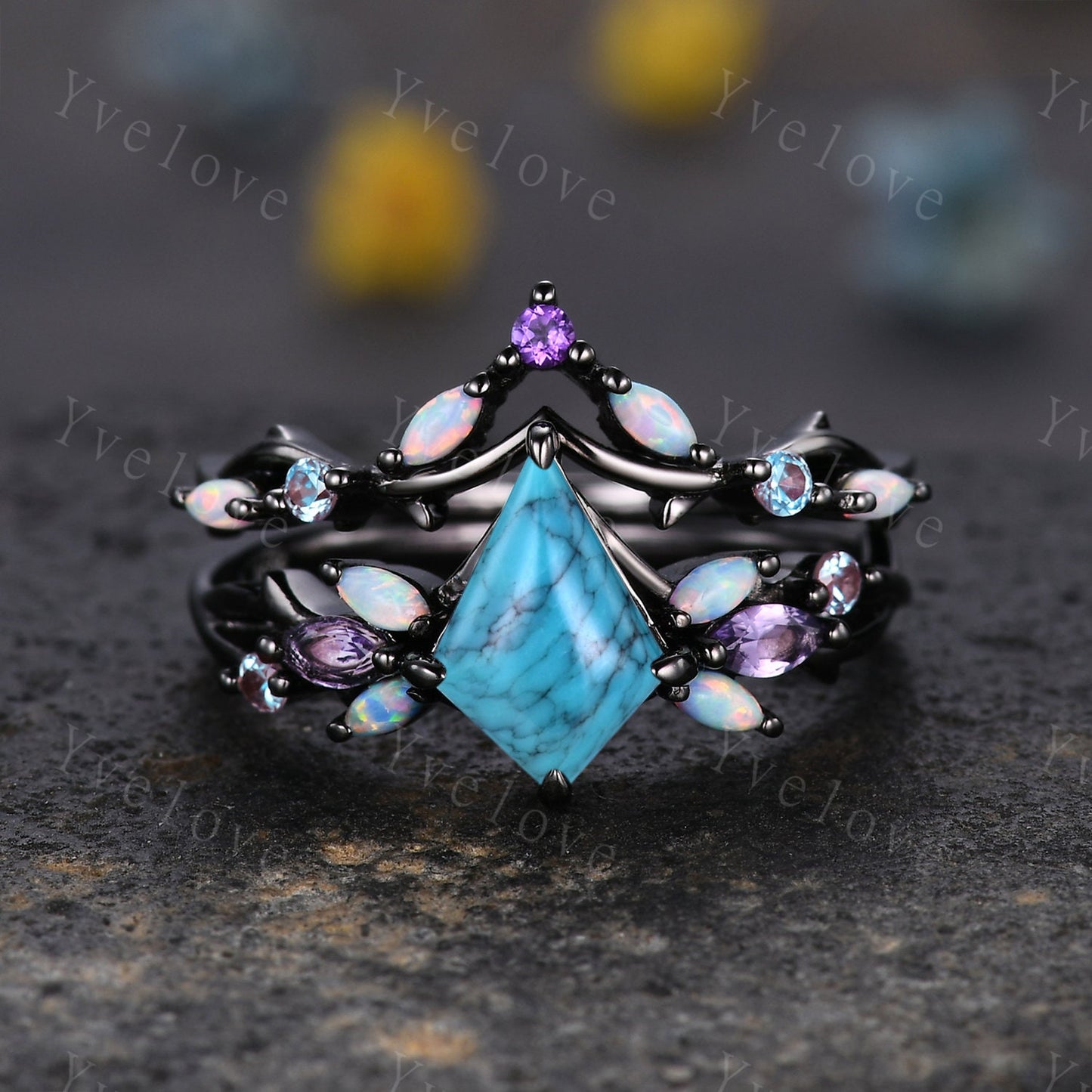 Vintage Kite Turquoise Engagement Ring Set,Black Gold,Vines Amethyst Opal Ring,Women Bridal Set,Unique Twig Anniversary Promise Ring Gift