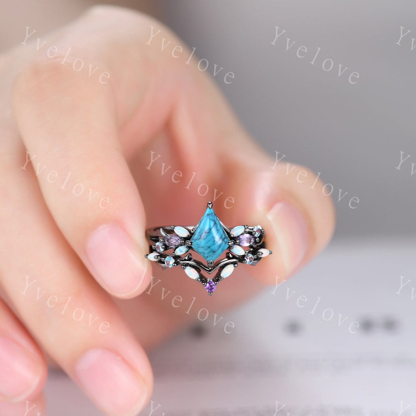 Vintage Kite Turquoise Engagement Ring Set,Black Gold,Vines Amethyst Opal Ring,Women Bridal Set,Unique Twig Anniversary Promise Ring Gift