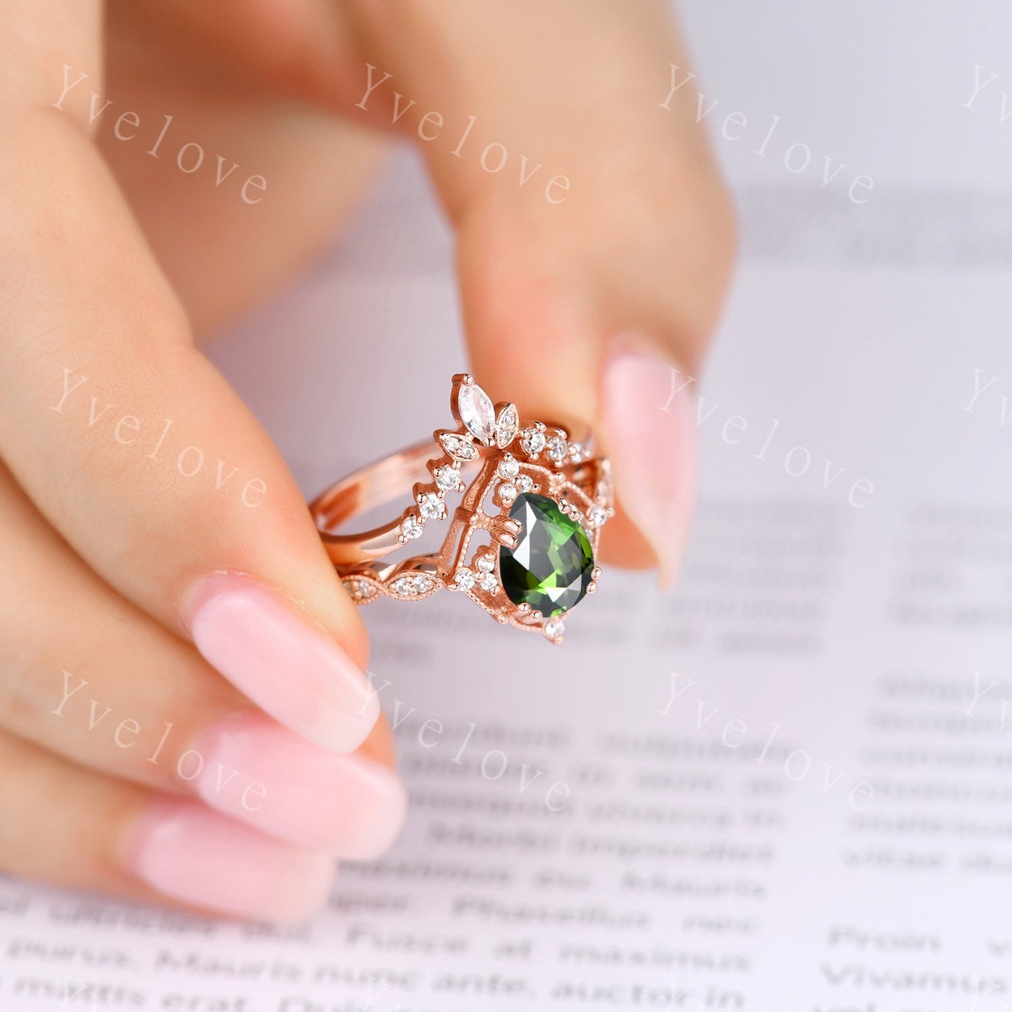 Vintage Green Tourmaline Ring Set,Pear Shape Tourmaline Ring,14K Solid Gold Ring,Unique Women Moissanite Promise Ring For Her,Handmade Gift