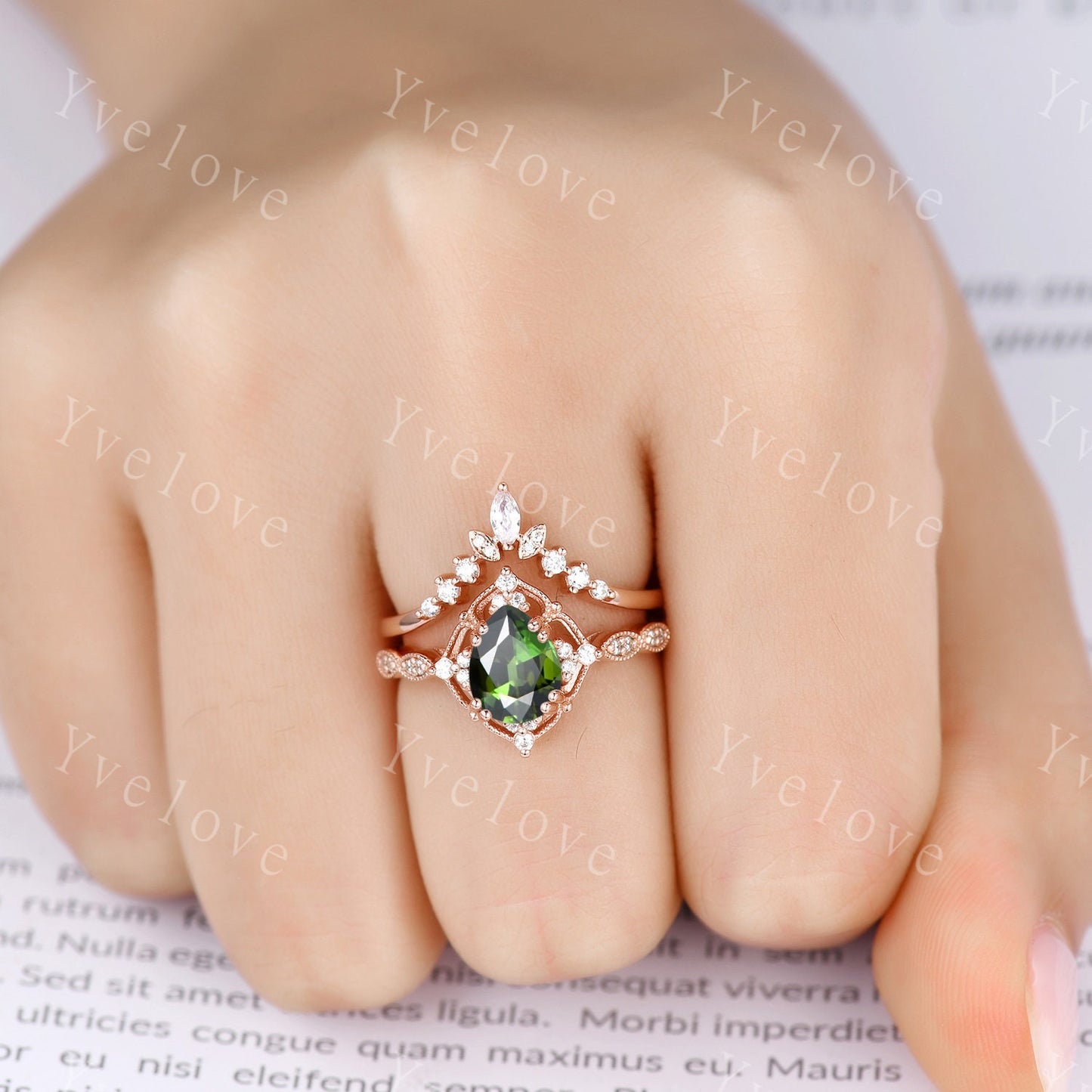 Vintage Green Tourmaline Ring Set,Pear Shape Tourmaline Ring,14K Solid Gold Ring,Unique Women Moissanite Promise Ring For Her,Handmade Gift