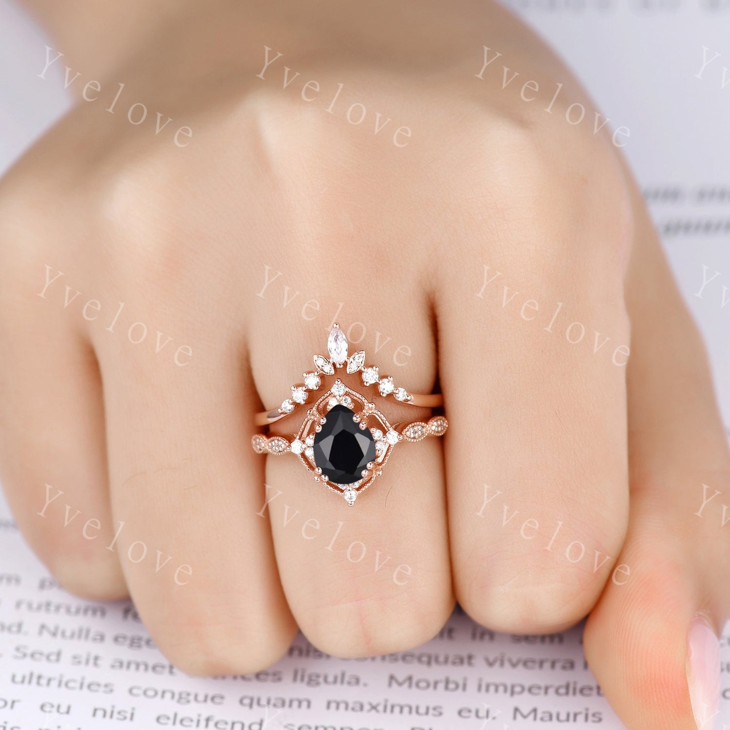Vintage Black Onyx Engagement Ring,Pear Shape Black Onyx Ring Set,925 Silver Ring,Unique Women Moissanite Promise Ring For Her,Handmade Ring
