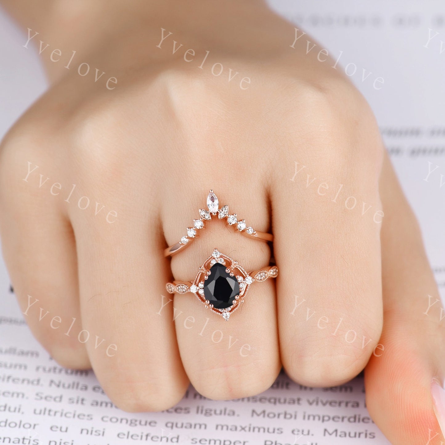 Vintage Black Onyx Engagement Ring,Pear Shape Black Onyx Ring Set,925 Silver Ring,Unique Women Moissanite Promise Ring For Her,Handmade Ring
