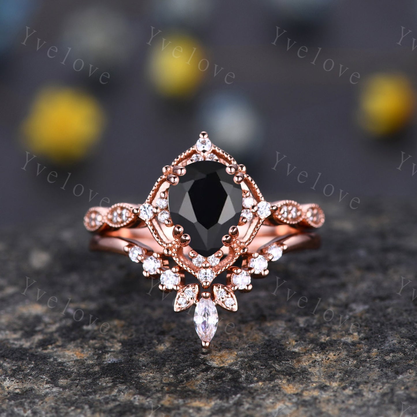 Vintage Black Onyx Engagement Ring,Pear Shape Black Onyx Ring Set,925 Silver Ring,Unique Women Moissanite Promise Ring For Her,Handmade Ring