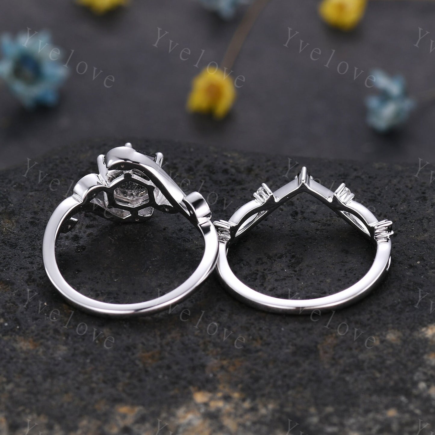 Retro hexagon Black Rutilate Quartz Ring,Vintage Black Gems Set,Unique Rutilated Quartz  Engagement Ring,Promise Ring,Bridal Ring Set Gift