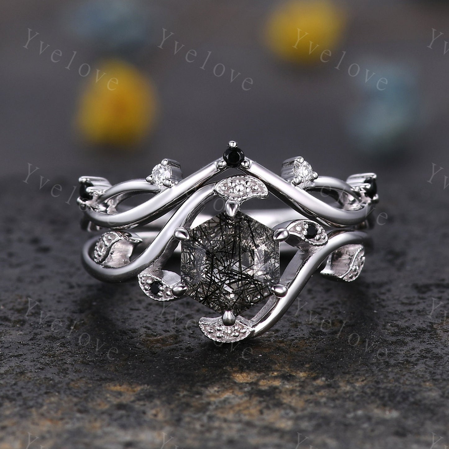 Retro hexagon Black Rutilate Quartz Ring,Vintage Black Gems Set,Unique Rutilated Quartz  Engagement Ring,Promise Ring,Bridal Ring Set Gift