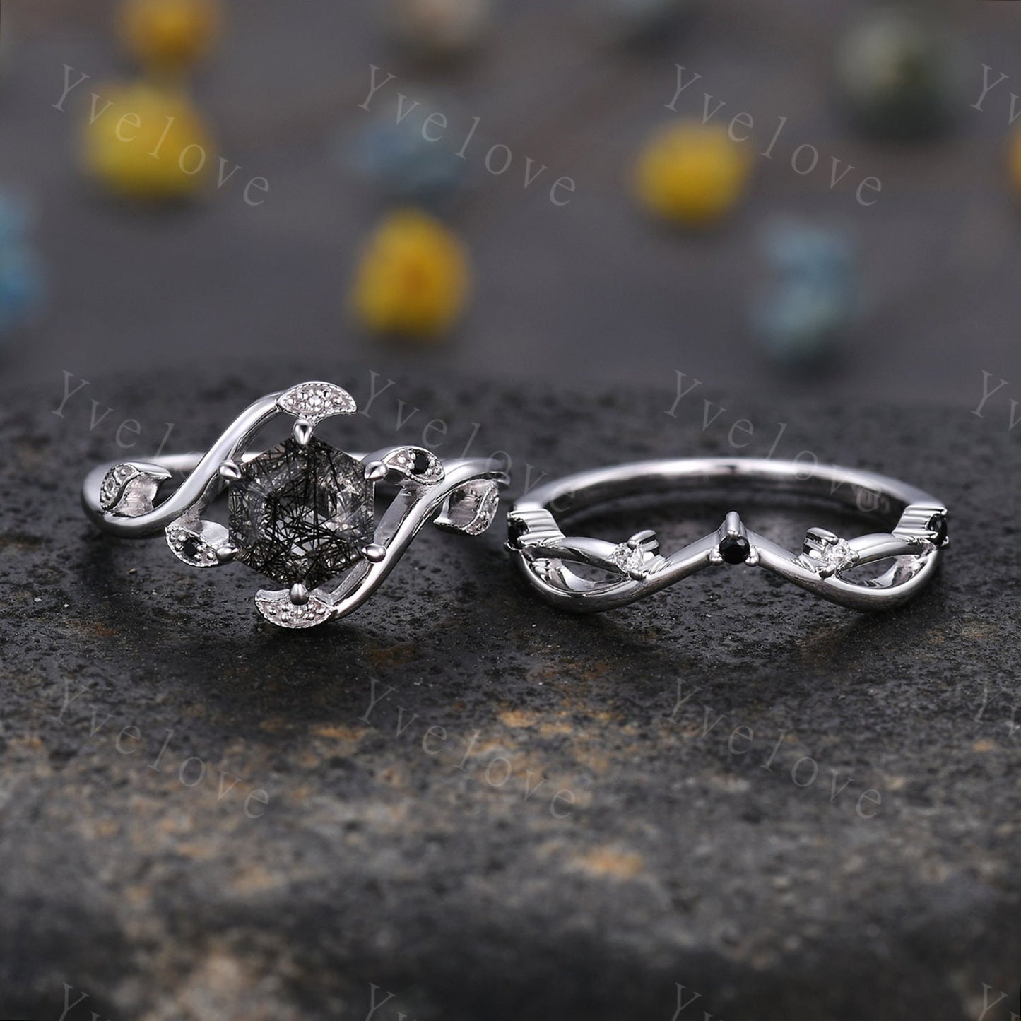 Retro hexagon Black Rutilate Quartz Ring,Vintage Black Gems Set,Unique Rutilated Quartz  Engagement Ring,Promise Ring,Bridal Ring Set Gift