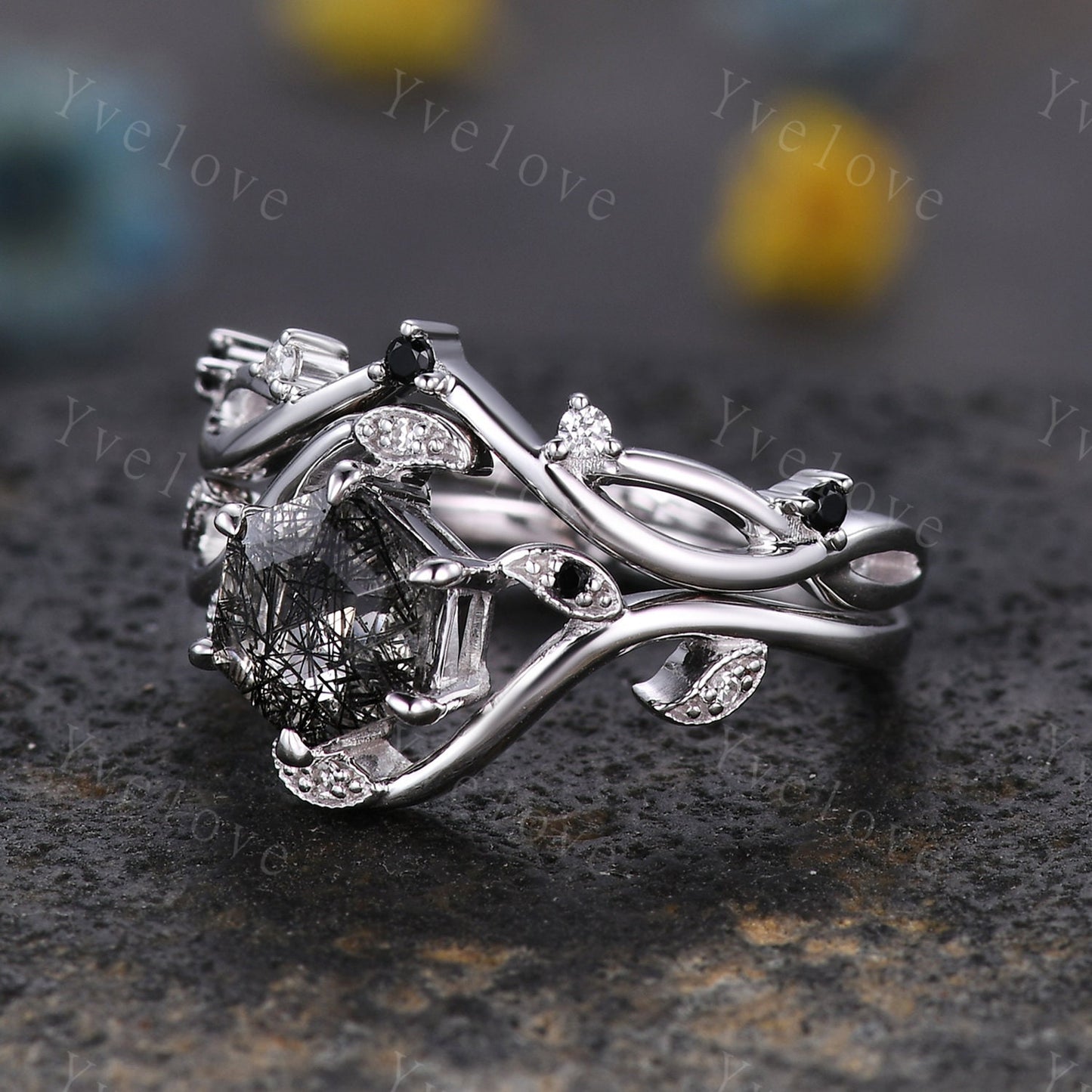 Retro hexagon Black Rutilate Quartz Ring,Vintage Black Gems Set,Unique Rutilated Quartz  Engagement Ring,Promise Ring,Bridal Ring Set Gift