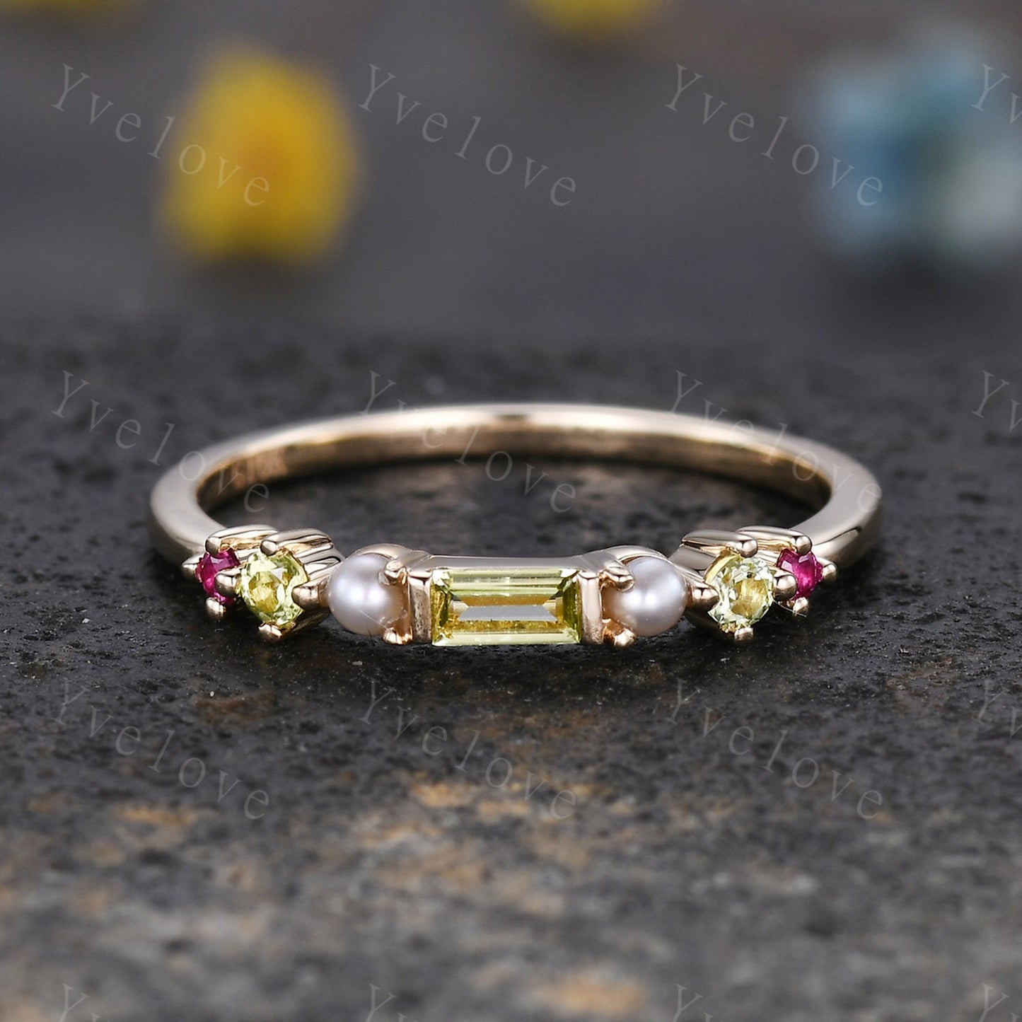 Minimalist Baguette shaped peridot band dainty pearl red garnet wedding band women stackable matching ring 925 silver personalized ring gift