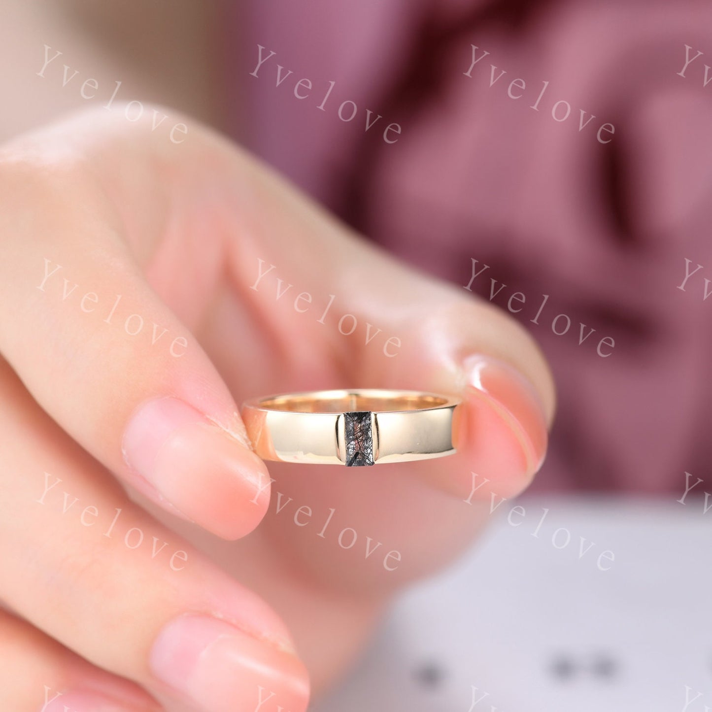 Mens Black Rutilate Quartz Wedding Band Baguette Cut Band 5mm Solid Gold Ring Mens Solitaire Stacking Matching Band Retro Vintage Ring Gift