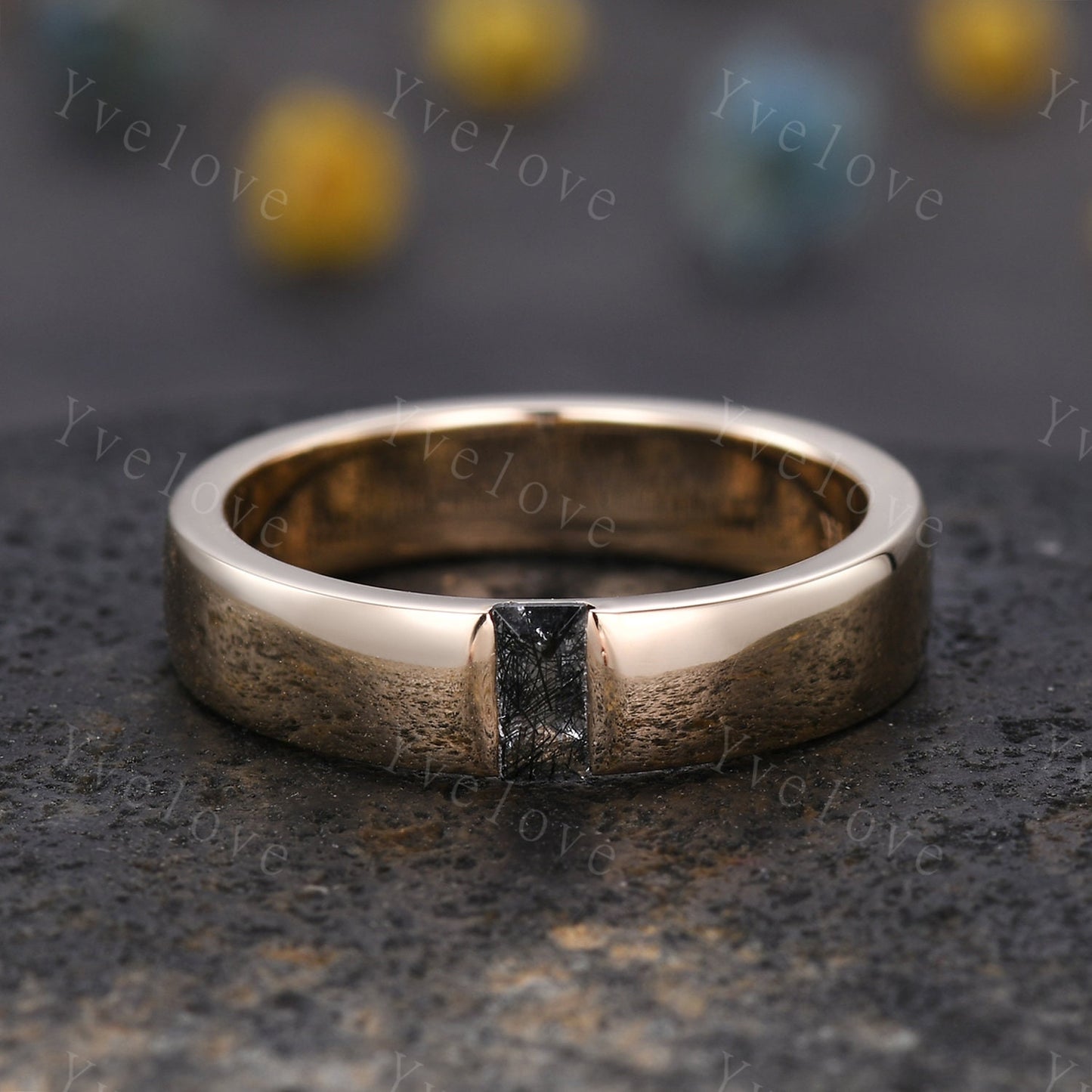 Mens Black Rutilate Quartz Wedding Band Baguette Cut Band 5mm Solid Gold Ring Mens Solitaire Stacking Matching Band Retro Vintage Ring Gift