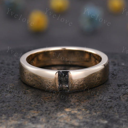 Mens Black Rutilate Quartz Wedding Band Baguette Cut Band 5mm Solid Gold Ring Mens Solitaire Stacking Matching Band Retro Vintage Ring Gift