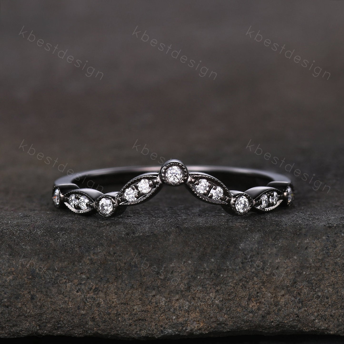 Curved Moissanite wedding band silver black gold wedding band Unique art deco stacking matching band Anniversary ring Women gift