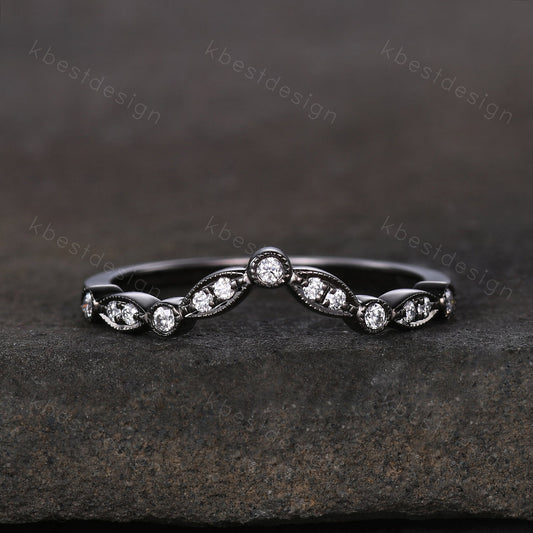 Curved Moissanite wedding band silver black gold wedding band Unique art deco stacking matching band Anniversary ring Women gift