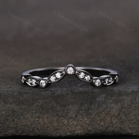 Curved Moissanite wedding band silver black gold wedding band Unique art deco stacking matching band Anniversary ring Women gift