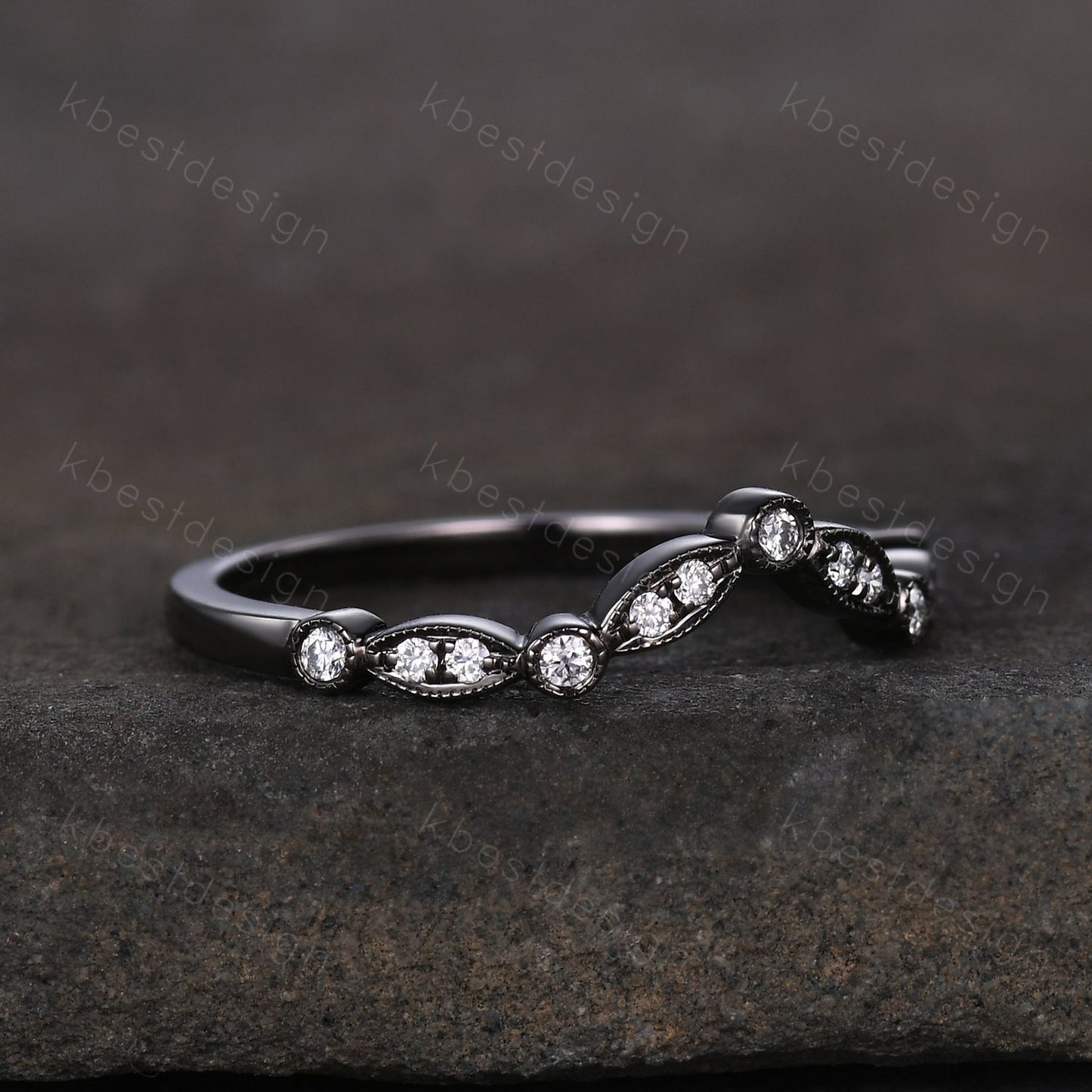 Curved Moissanite wedding band silver black gold wedding band Unique art deco stacking matching band Anniversary ring Women gift