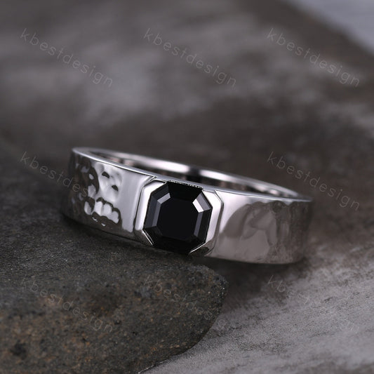 Mens Black Moissanite Wedding Band Asscher Cut Moissanite Band 5mm White Gold Ring Mens Hammered Stacking Matching Band Retro Vintage Ring