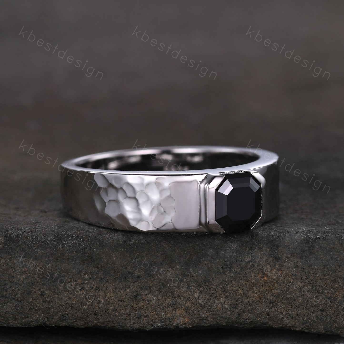 Mens Black Moissanite Wedding Band Asscher Cut Moissanite Band 5mm White Gold Ring Mens Hammered Stacking Matching Band Retro Vintage Ring