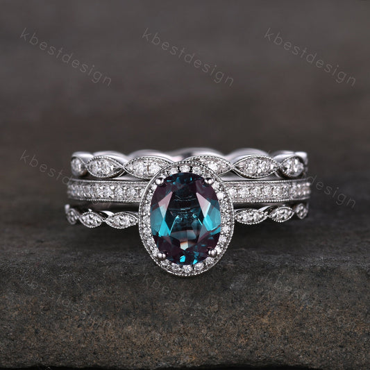 3pcs Alexandrite bridal set oval cut Alexandrite engagement ring set sterling silver vintage moissanite ring unique art deco stacking bands