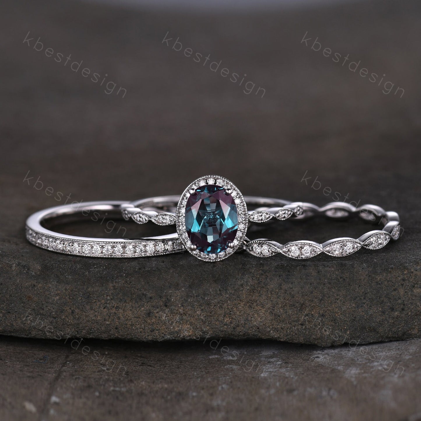 3pcs Alexandrite bridal set oval cut Alexandrite engagement ring set sterling silver vintage moissanite ring unique art deco stacking bands