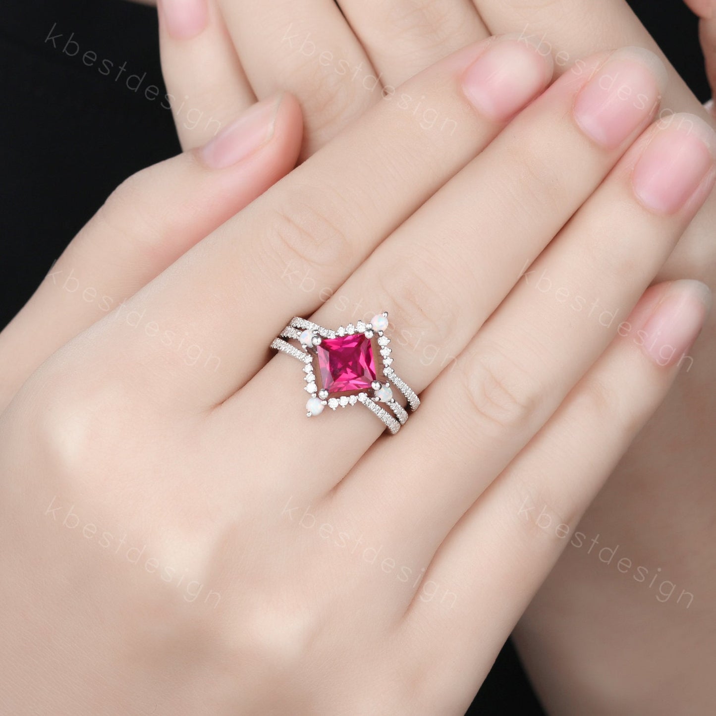 Vintage Unique princess cut Ruby engagement ring set sterling silver ring set curved opal moissanite stacking bands art deco wedding rings