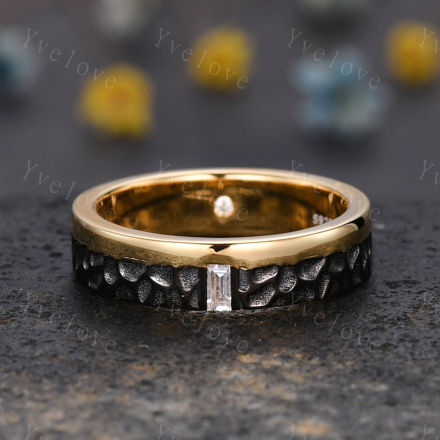 Mens Moissanite Wedding Band Baguette Cut Moissanite Diamond Band Solid Gold Mens Hammered Stacking Matching Band Retro Vintage Ring Gift