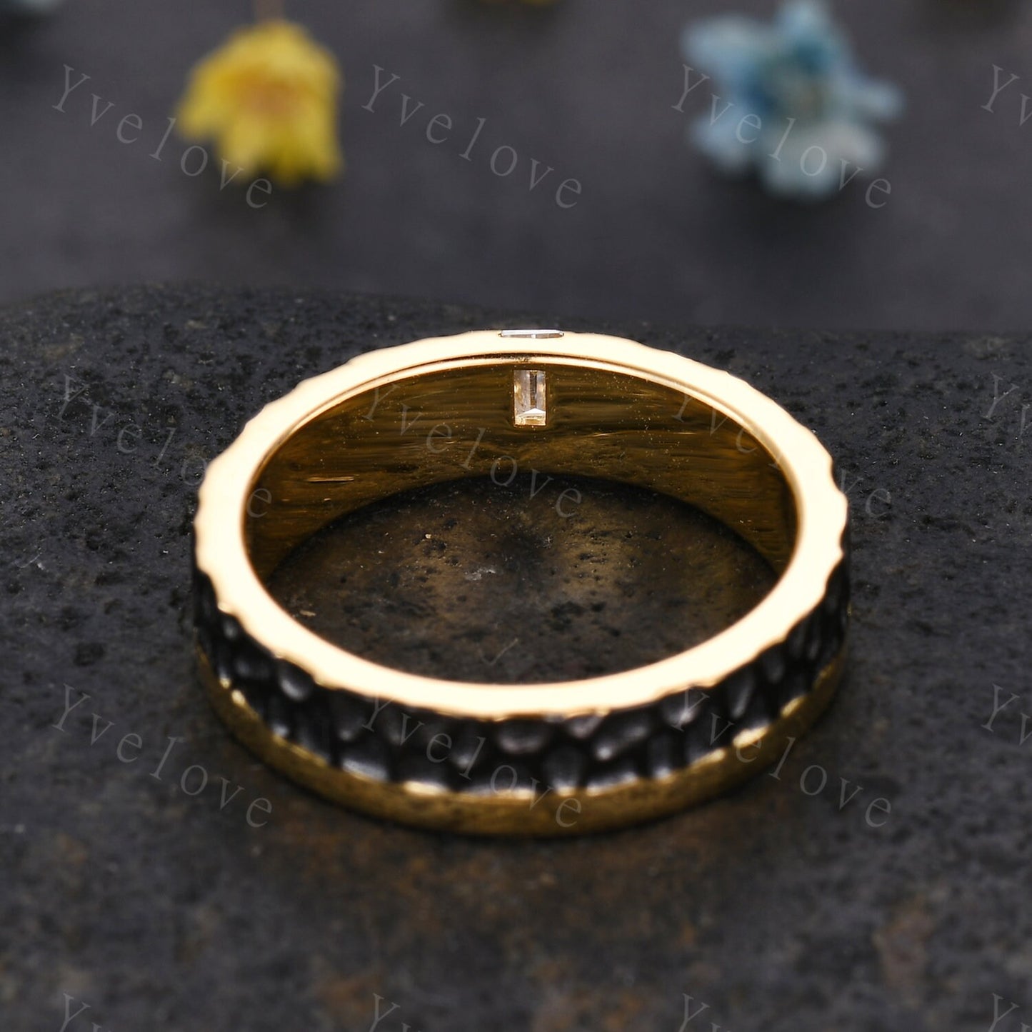 Mens Moissanite Wedding Band Baguette Cut Moissanite Diamond Band Solid Gold Mens Hammered Stacking Matching Band Retro Vintage Ring Gift