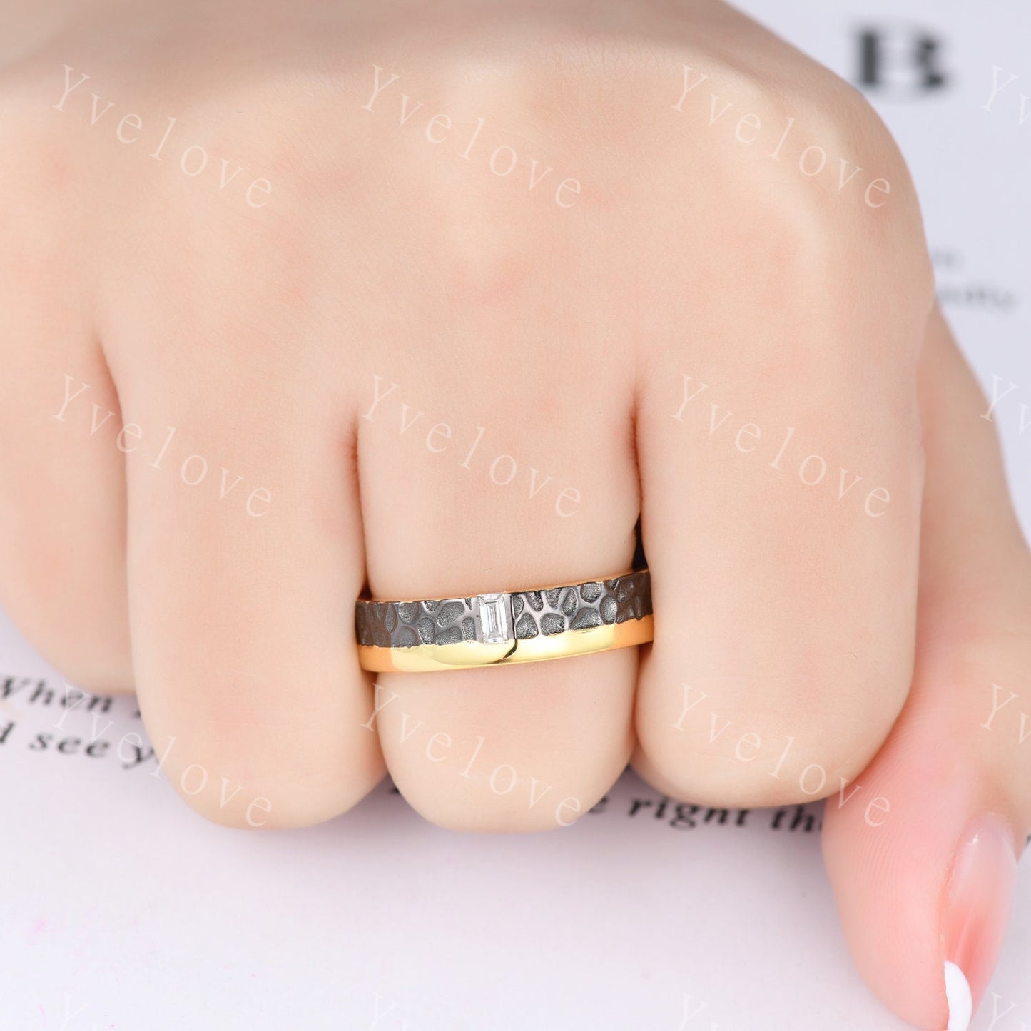 Mens Moissanite Wedding Band Baguette Cut Moissanite Diamond Band Solid Gold Mens Hammered Stacking Matching Band Retro Vintage Ring Gift