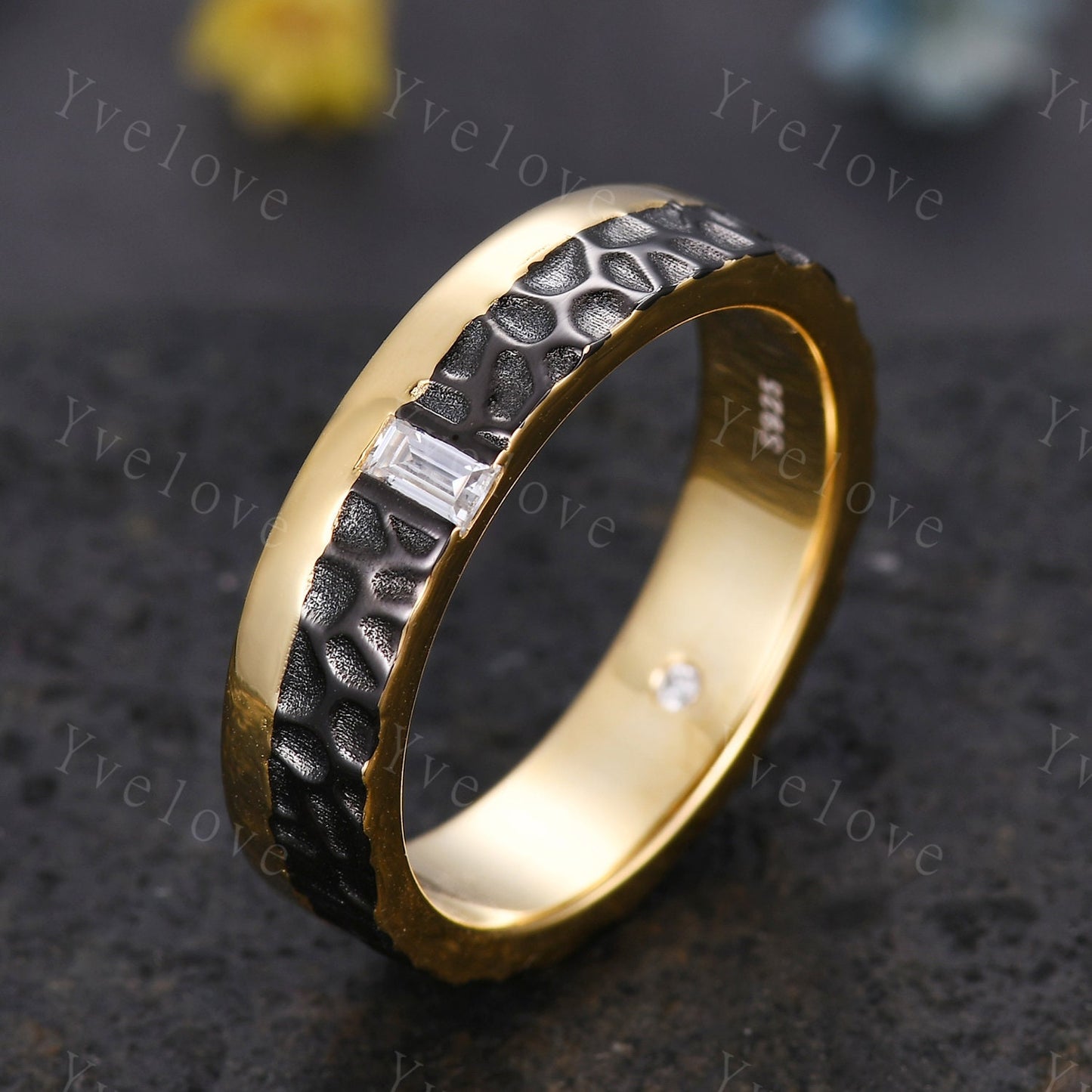 Mens Moissanite Wedding Band Baguette Cut Moissanite Diamond Band Solid Gold Mens Hammered Stacking Matching Band Retro Vintage Ring Gift