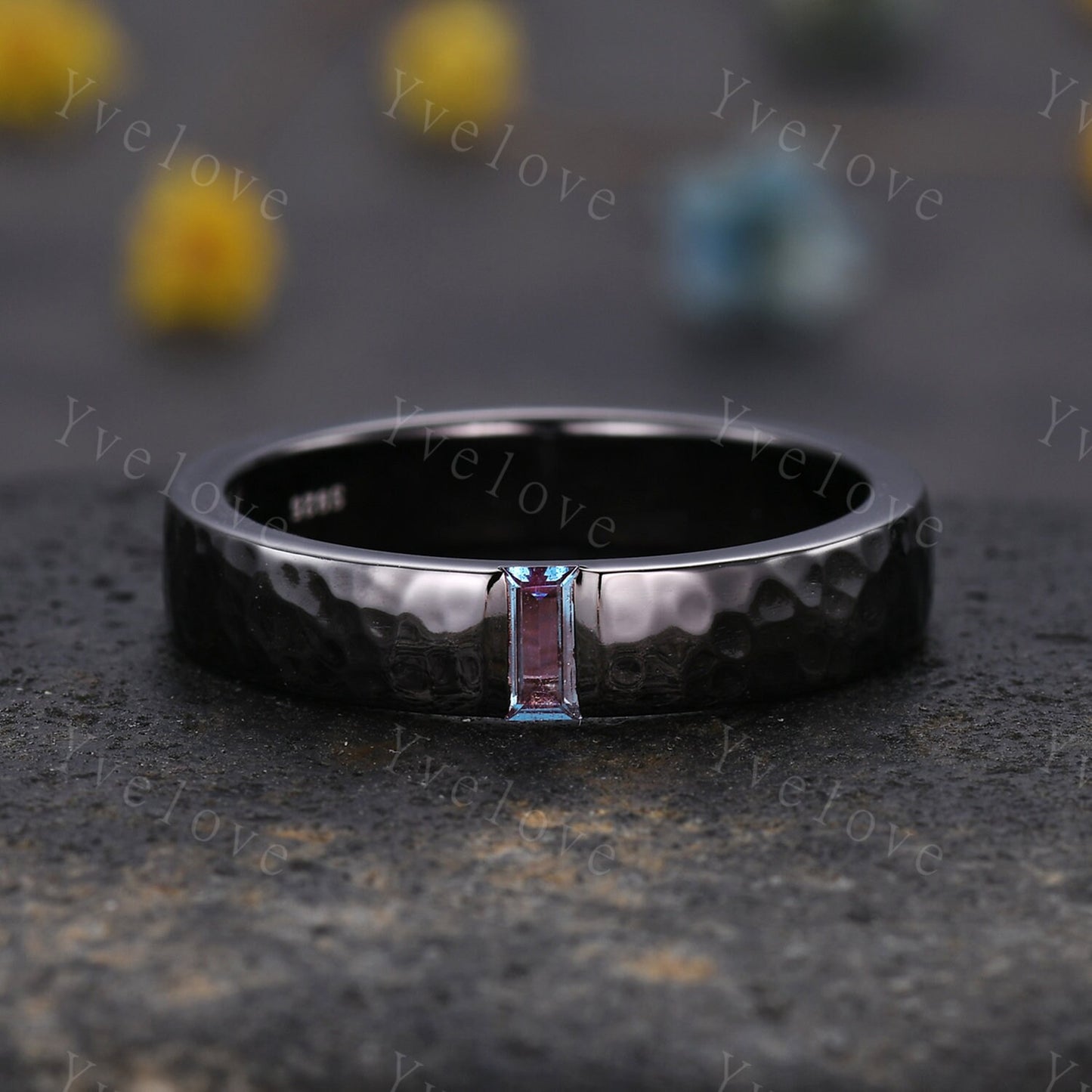 Mens Alexandrite Wedding Band Baguette Cut Alexandrite Band 5mm Solid Gold Ring Mens Hammered Stacking Matching Band Retro Vintage Ring Gift