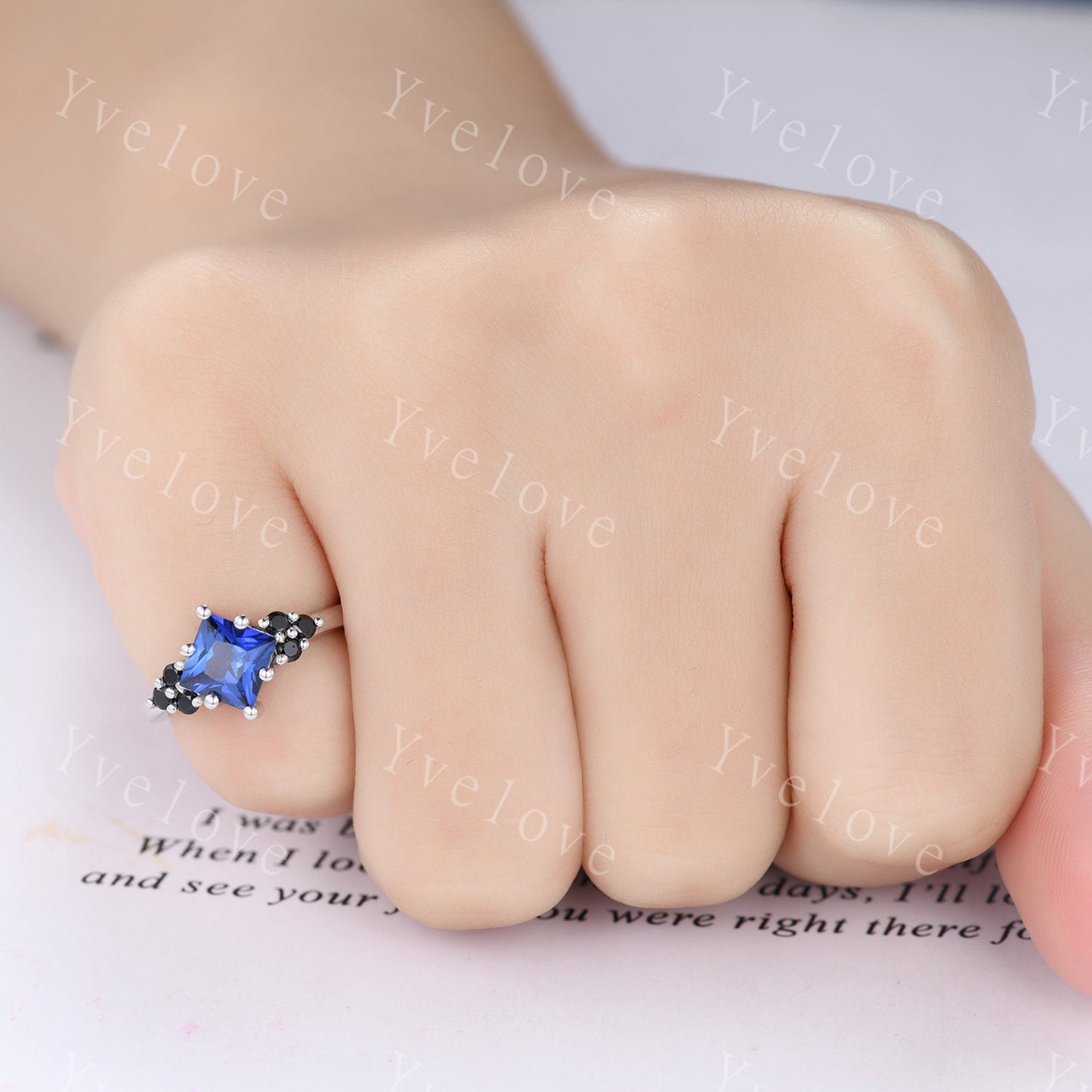 3PCS Vintage princess cut blue sapphire engagement ring set,black spinel ring,baguette sapphire,sterling silver ring,unique ring set gift