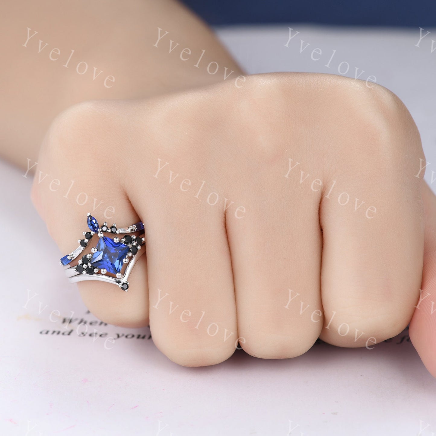 3PCS Vintage princess cut blue sapphire engagement ring set,black spinel ring,baguette sapphire,sterling silver ring,unique ring set gift