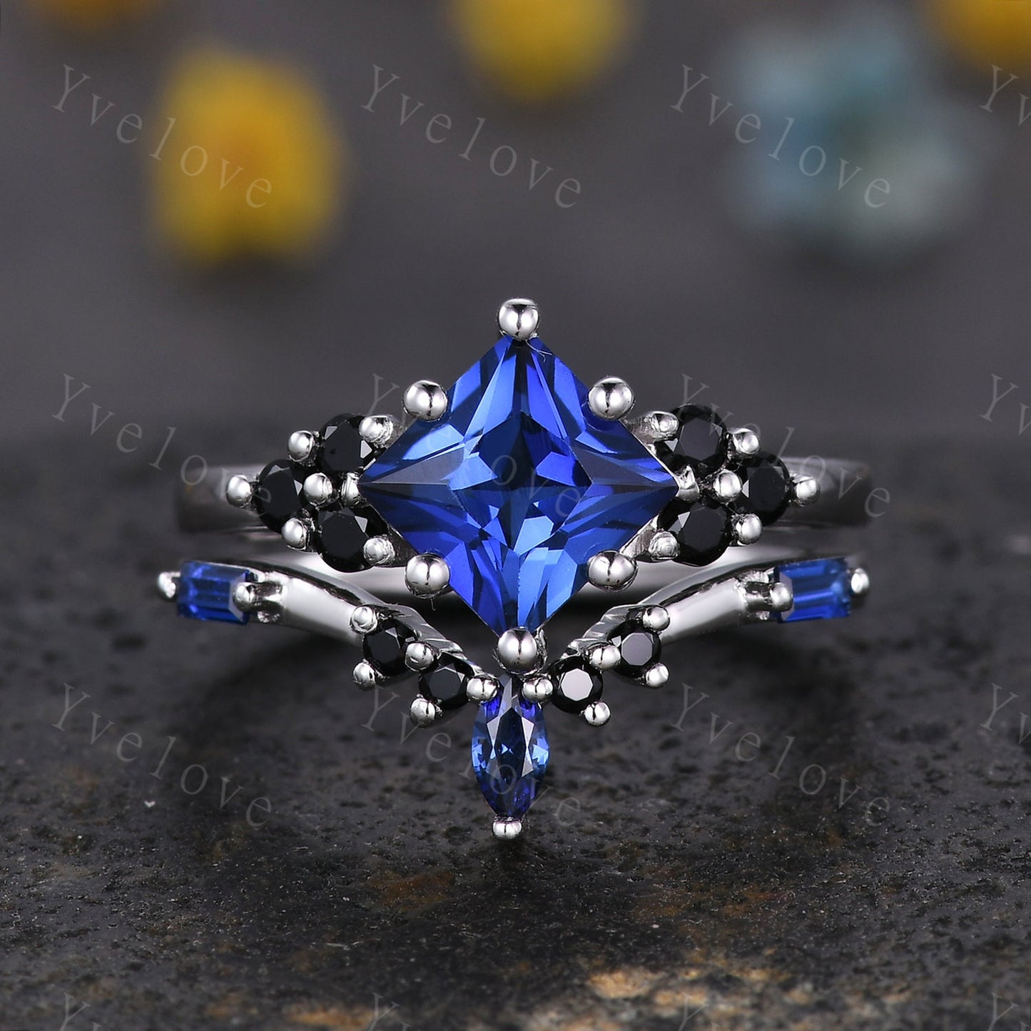 3PCS Vintage princess cut blue sapphire engagement ring set,black spinel ring,baguette sapphire,sterling silver ring,unique ring set gift