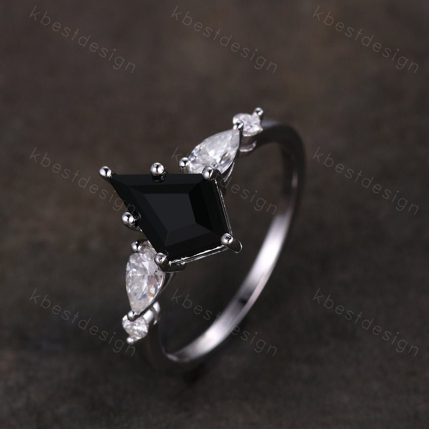 Vintage kite cut black onyx engagement ring 14k white gold pear cut moissanite ring for women unique bridal promise ring Platinum ring