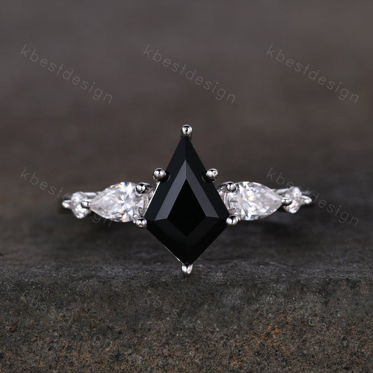 Vintage kite cut black onyx engagement ring 14k white gold pear cut moissanite ring for women unique bridal promise ring Platinum ring