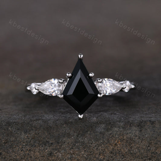 Vintage kite cut black onyx engagement ring 14k white gold pear cut moissanite ring for women unique bridal promise ring Platinum ring