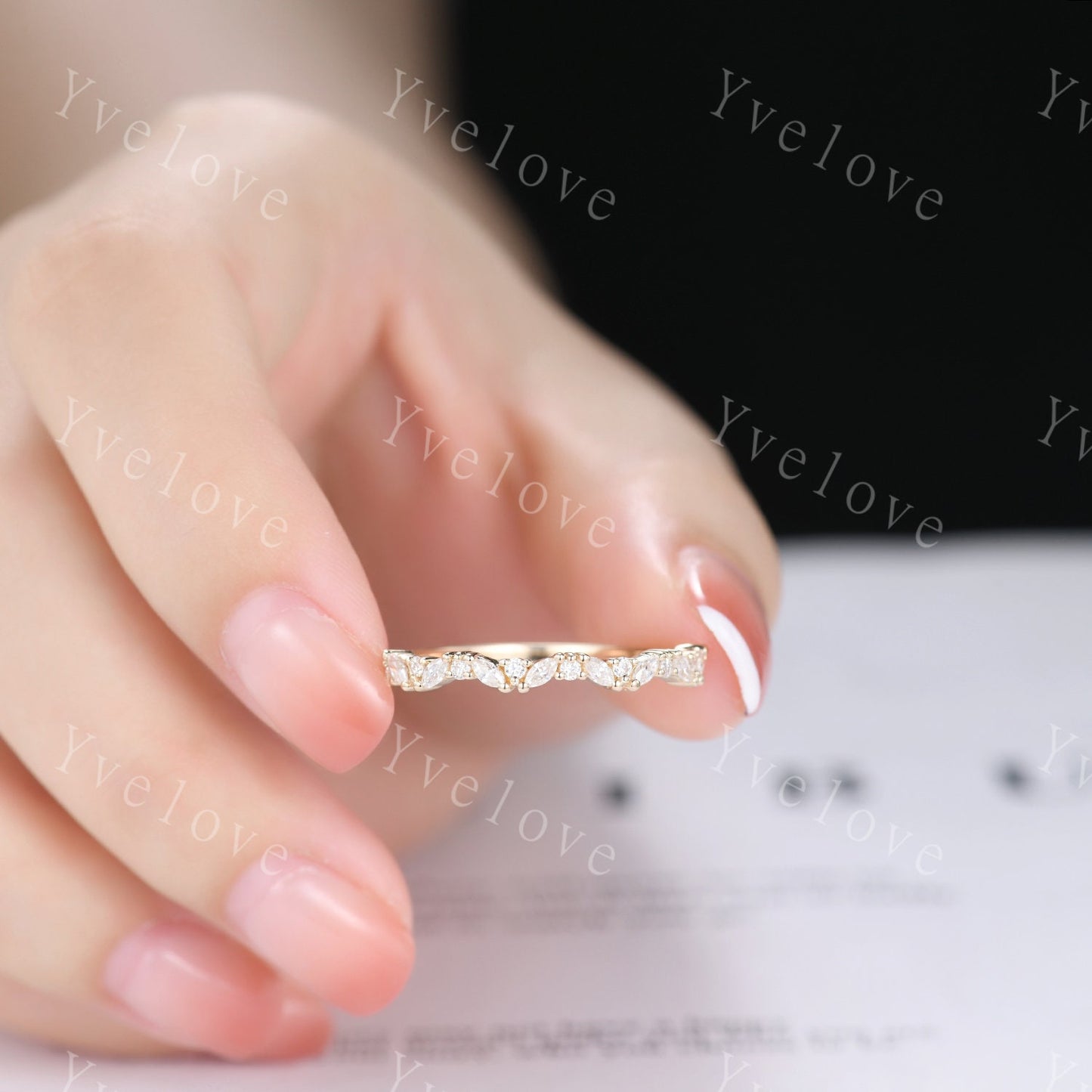 Marquise moissanite wedding band vintage 14k 18k yellow gold ring moissanite antique unique stacking band anniversary promise matching band
