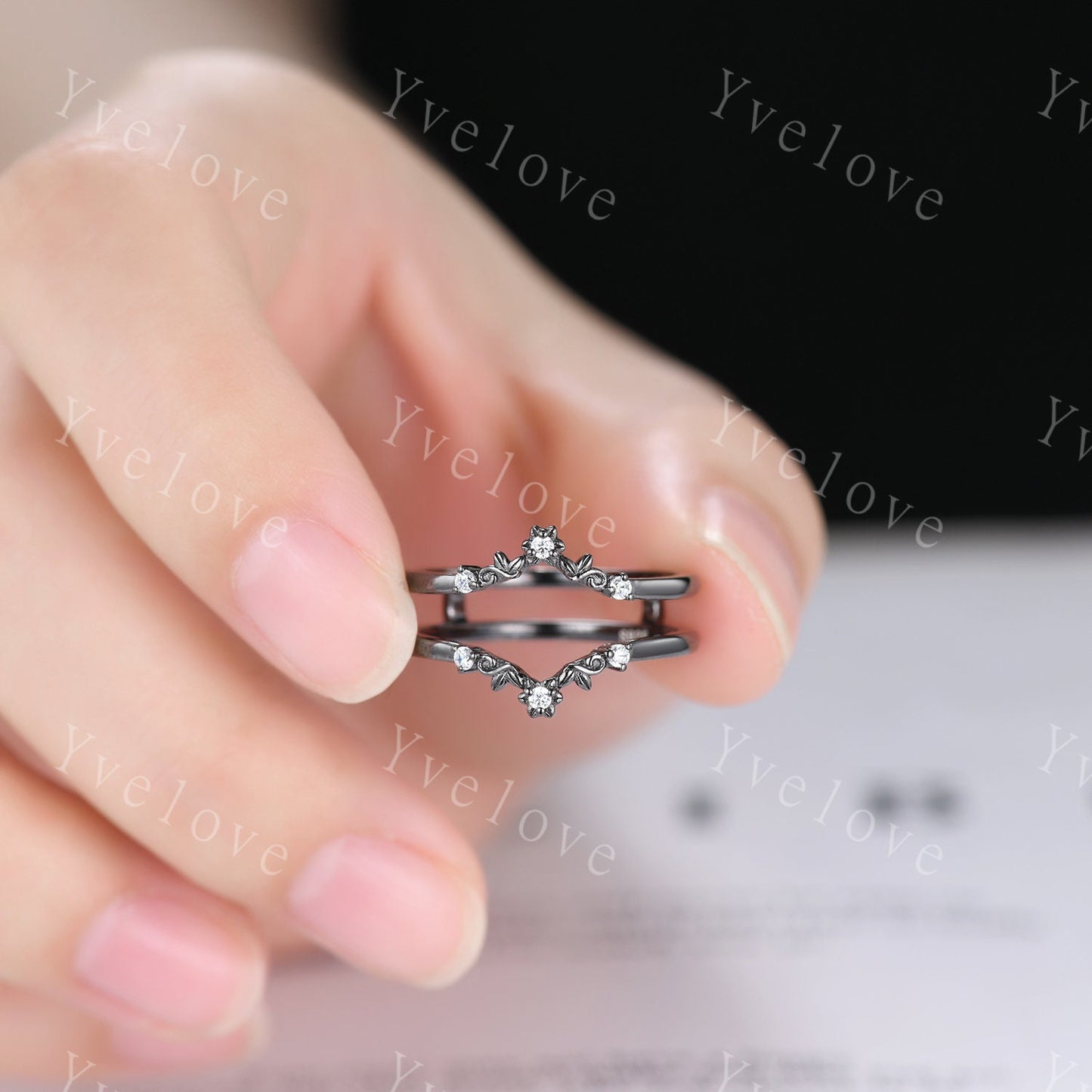 Antique Moissanite Engagement Ring,Vintage diamond Enhancer Stacking Band,Women Matching ring, Retro Curved Wedding Band,Black Metal Ring