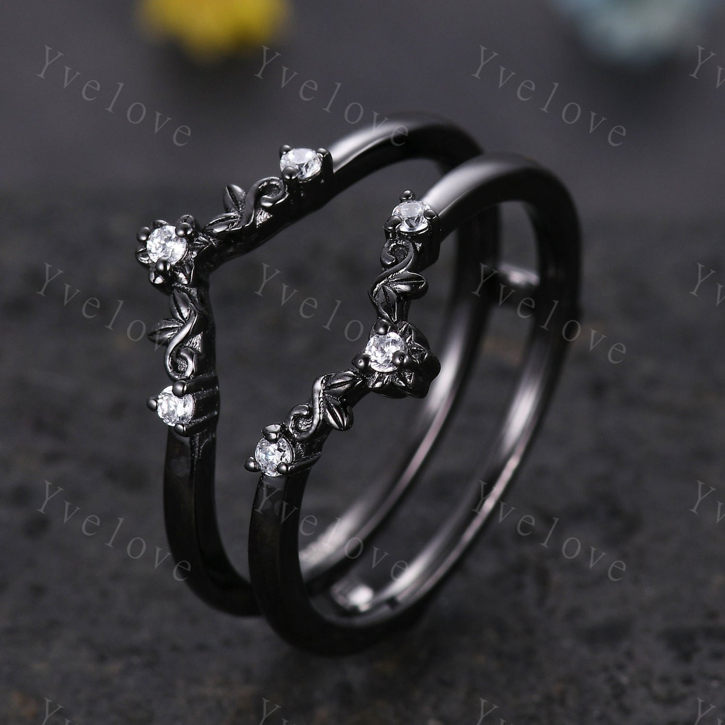 Antique Moissanite Engagement Ring,Vintage diamond Enhancer Stacking Band,Women Matching ring, Retro Curved Wedding Band,Black Metal Ring