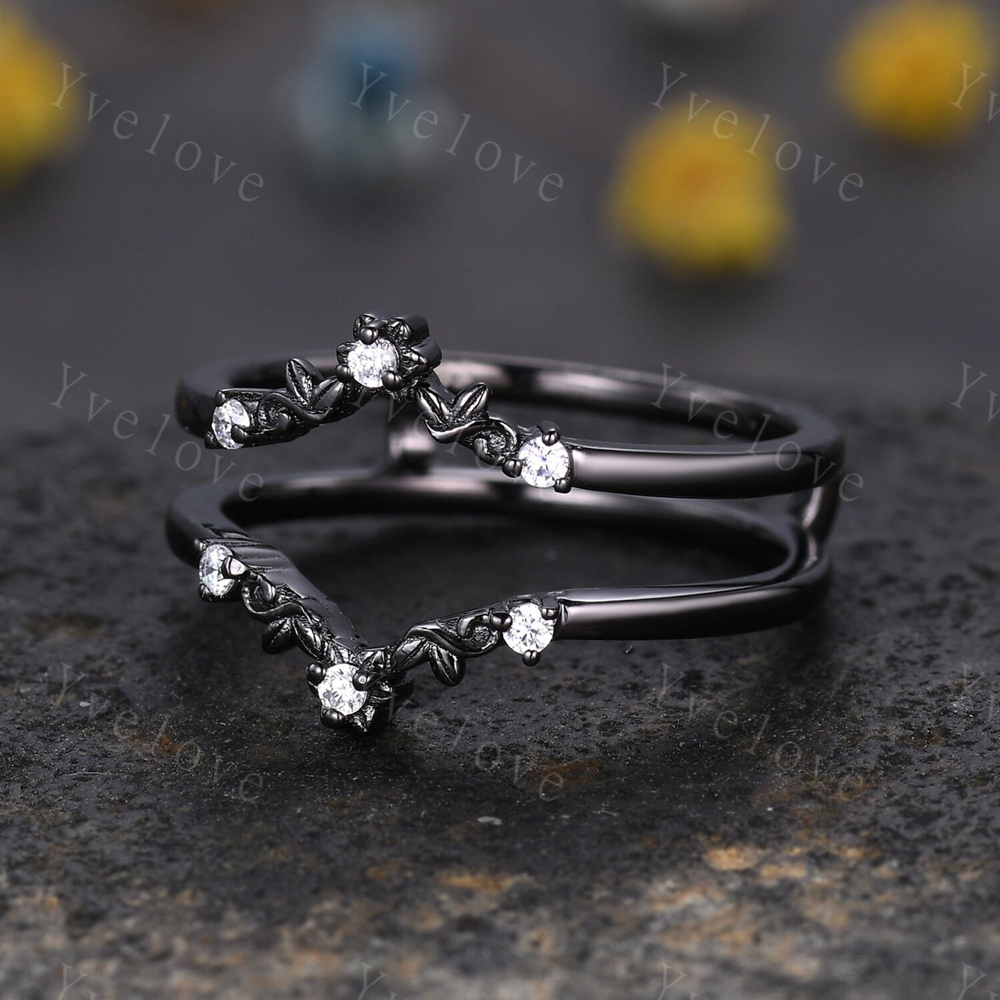 Antique Moissanite Engagement Ring,Vintage diamond Enhancer Stacking Band,Women Matching ring, Retro Curved Wedding Band,Black Metal Ring