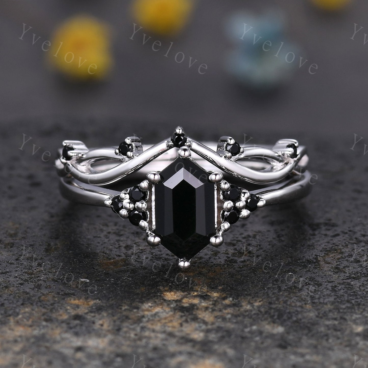Retro hexagon Black Onyx Ring,Vintage Sterling Silver Ring Set,Unique Black Diamond Engagement Ring,Promise Anniversary Ring Gift For Her