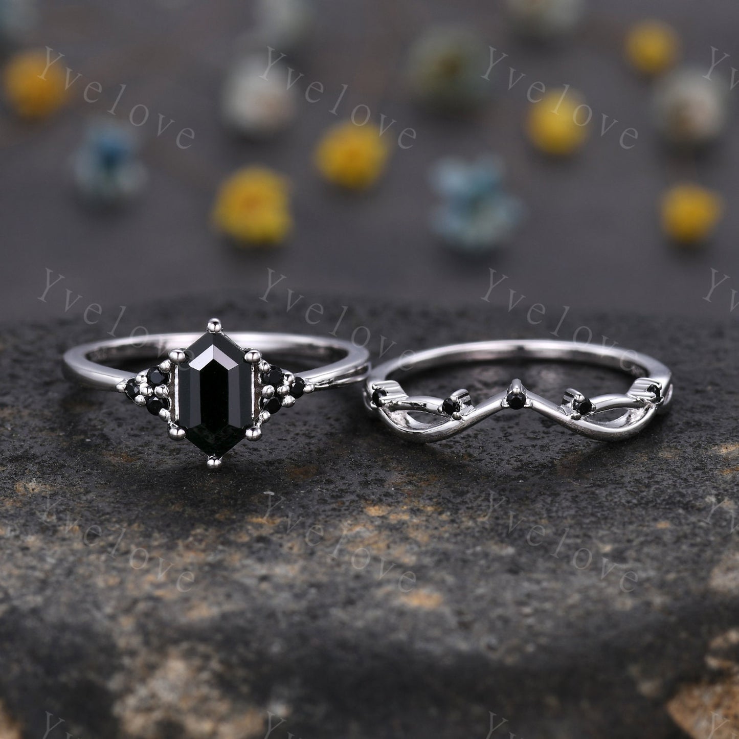 Retro hexagon Black Onyx Ring,Vintage Sterling Silver Ring Set,Unique Black Diamond Engagement Ring,Promise Anniversary Ring Gift For Her