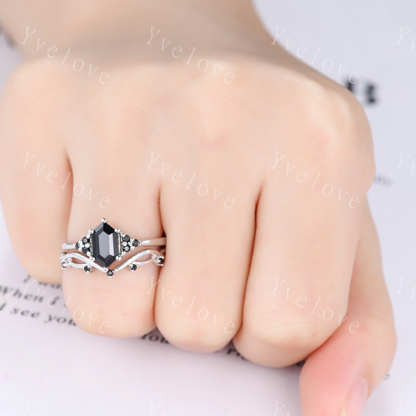Retro hexagon Black Onyx Ring,Vintage Sterling Silver Ring Set,Unique Black Diamond Engagement Ring,Promise Anniversary Ring Gift For Her