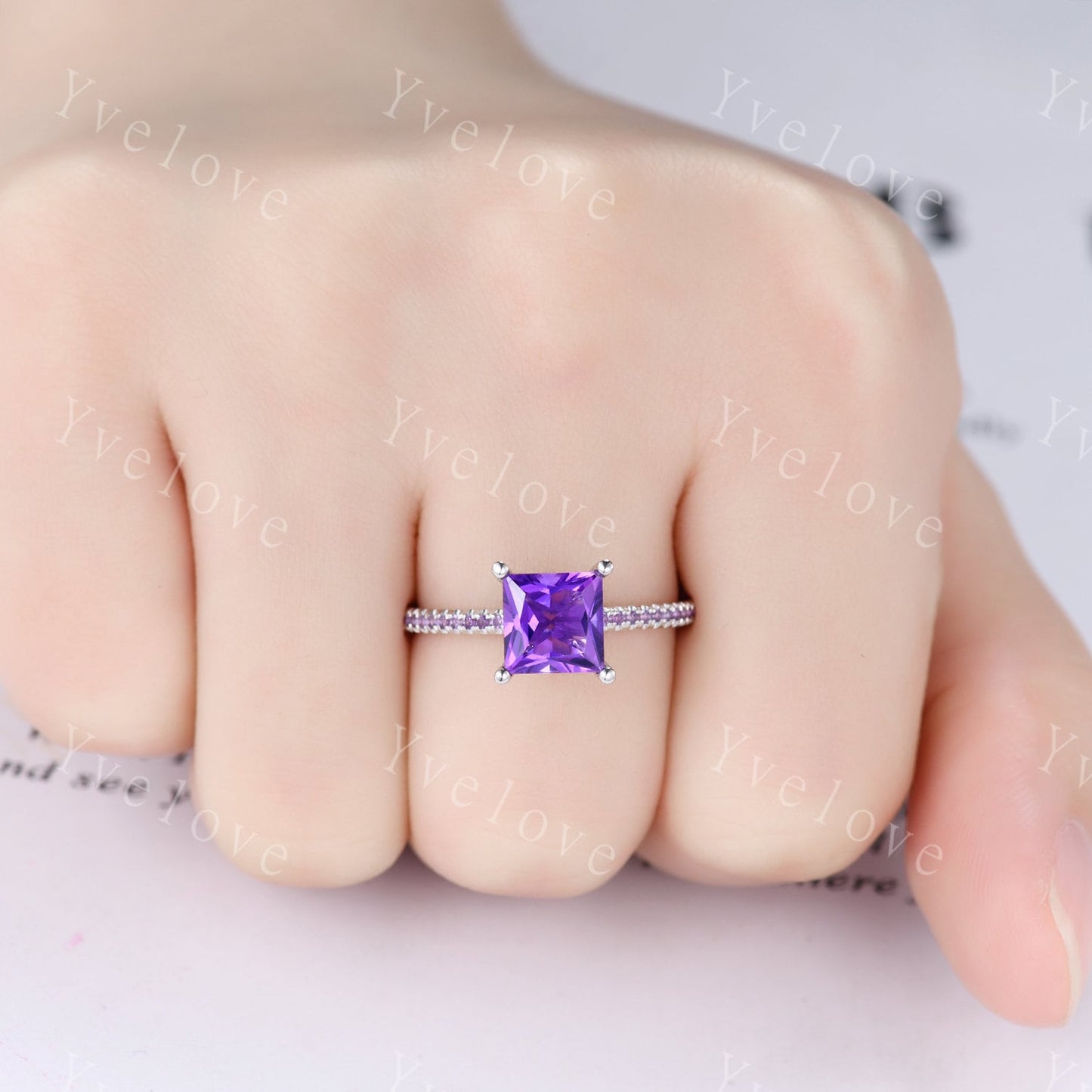 3 set Princess cut amethyst engagement ring set Amethyst ring set amethyst matching band silver promise ring set bridal set for women gift