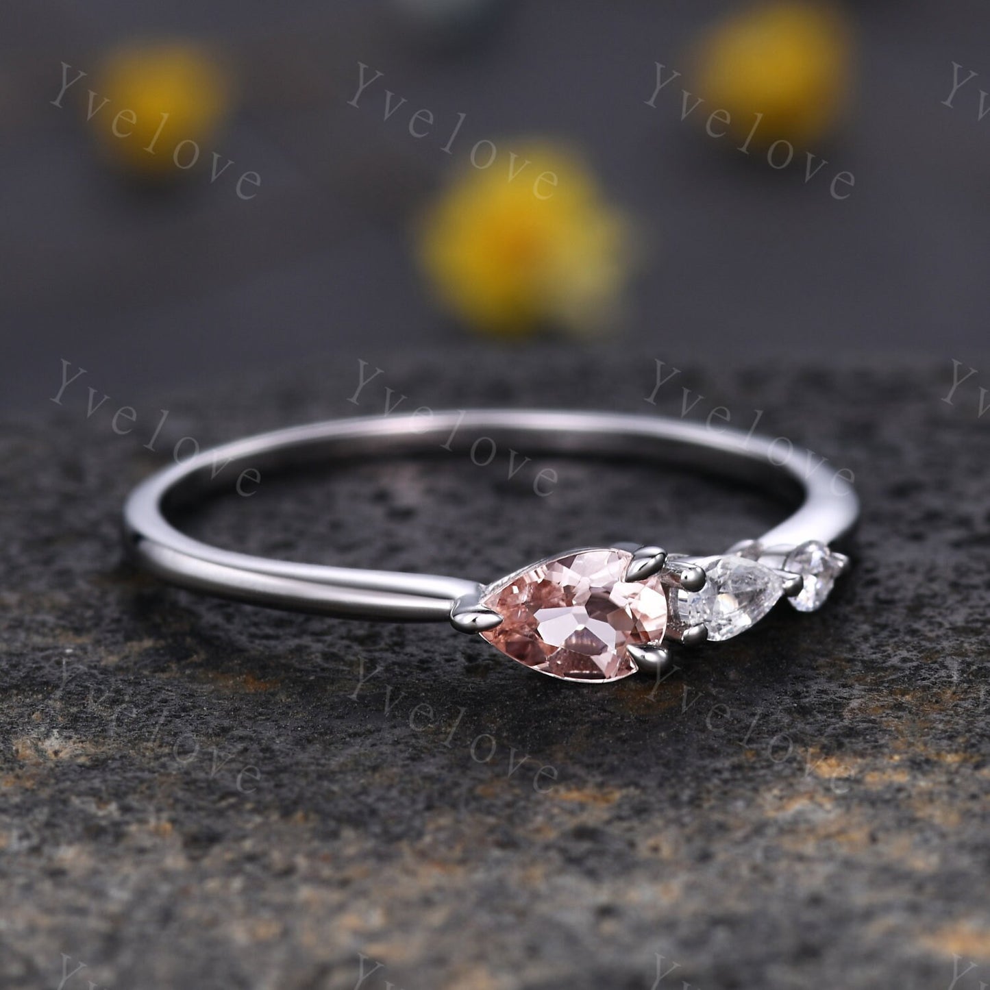Unique Pink Morganite Engagement Ring,Pear Cut Gems,Art Deco Moissanite Wedding Band,3 Stone Unique Women Bridal Promise Ring Gift
