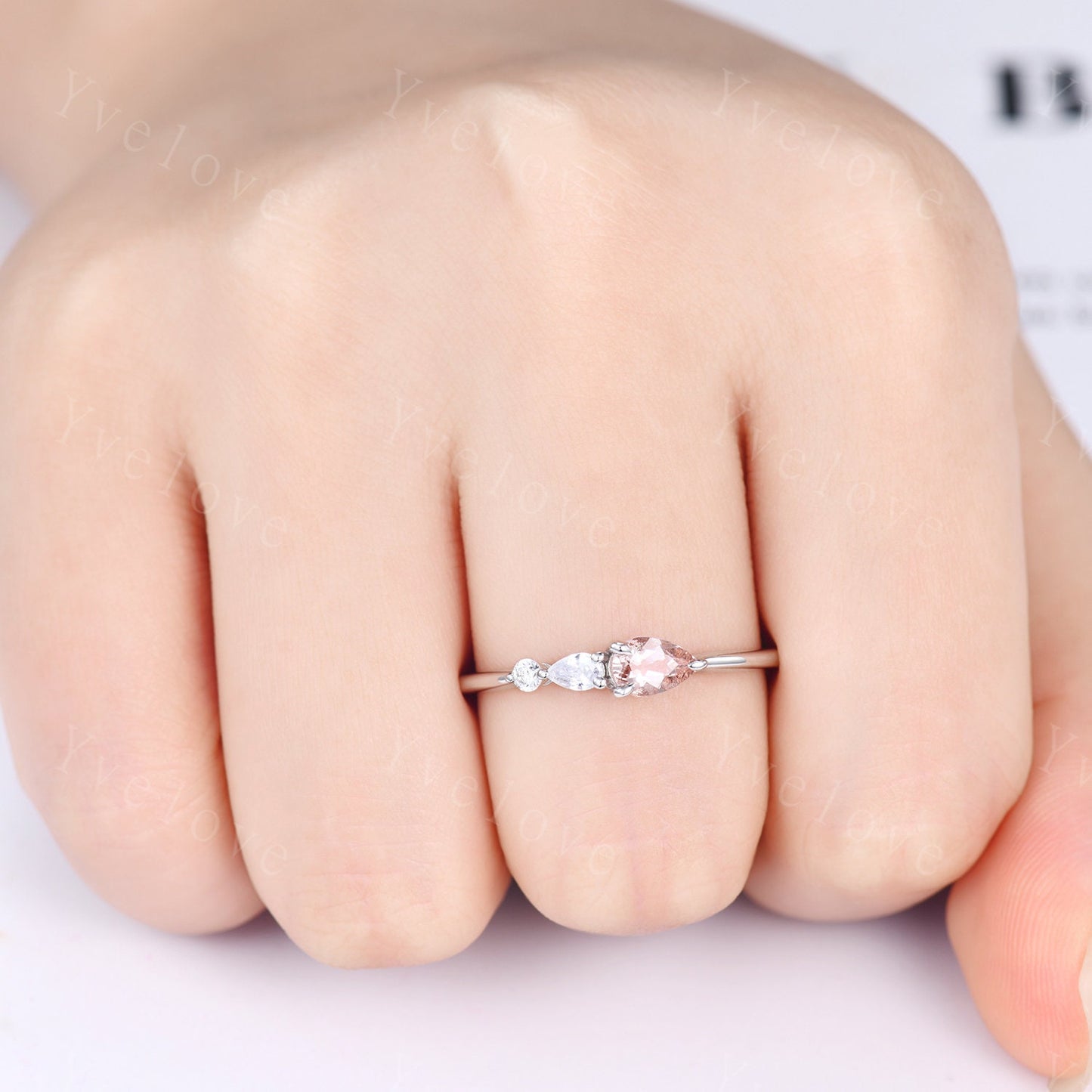 Unique Pink Morganite Engagement Ring,Pear Cut Gems,Art Deco Moissanite Wedding Band,3 Stone Unique Women Bridal Promise Ring Gift