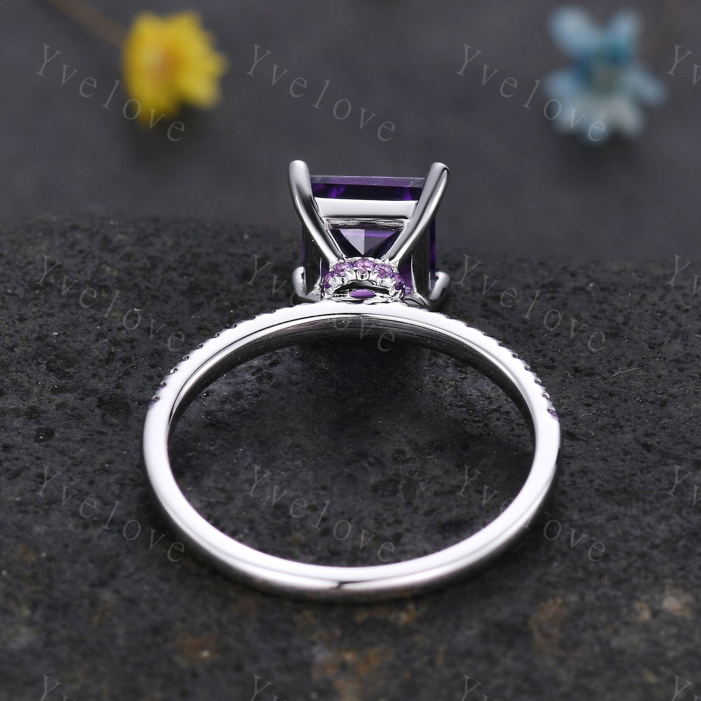 Art deco princess cut amethyst engagement ring hidden halo Amethyst ring amethyst wedding band February birthstone bridal jewelry gift
