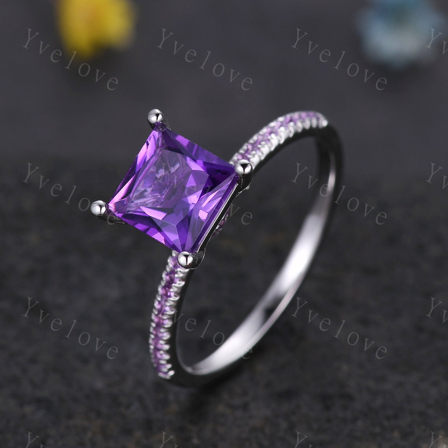 Art deco princess cut amethyst engagement ring hidden halo Amethyst ring amethyst wedding band February birthstone bridal jewelry gift