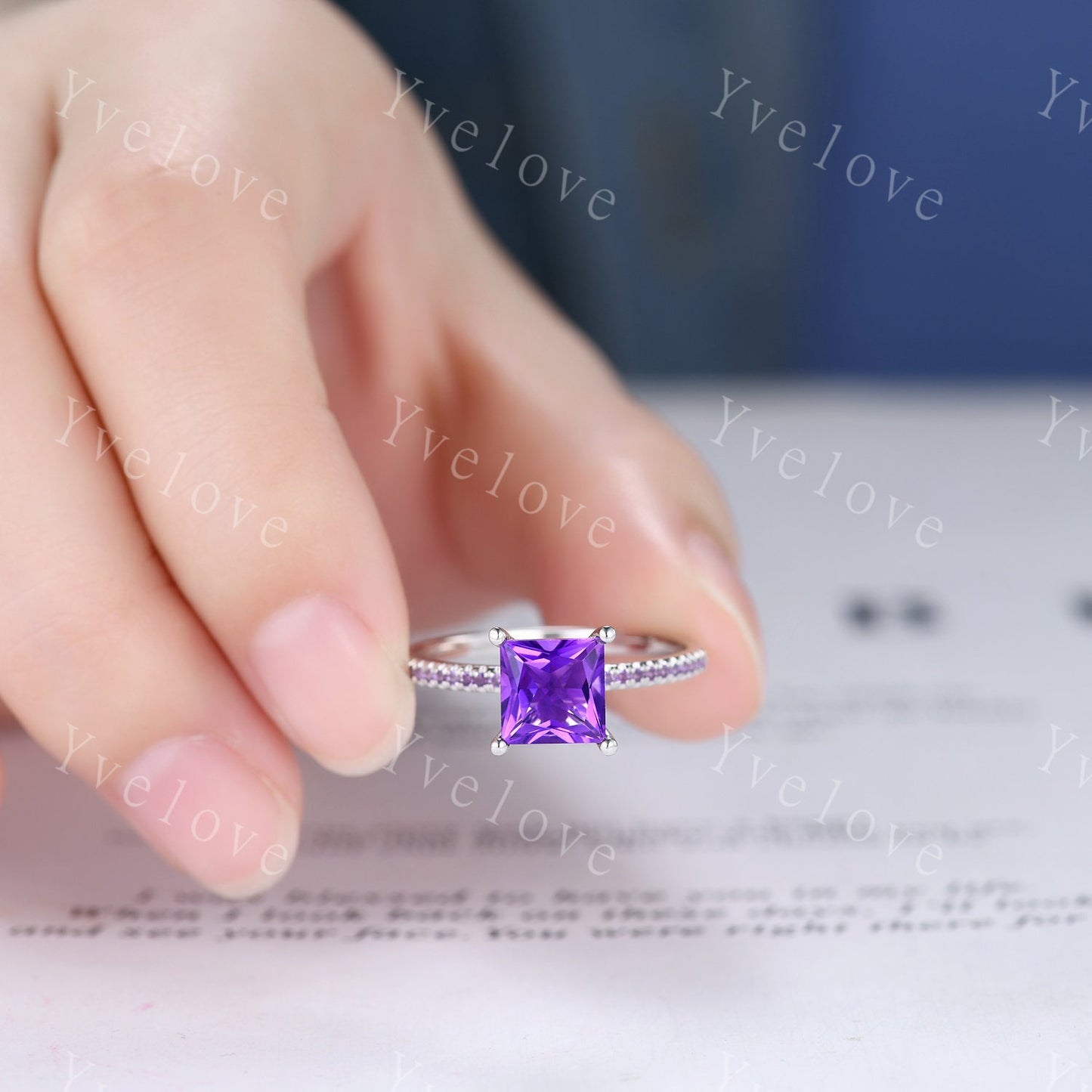 Art deco princess cut amethyst engagement ring hidden halo Amethyst ring amethyst wedding band February birthstone bridal jewelry gift