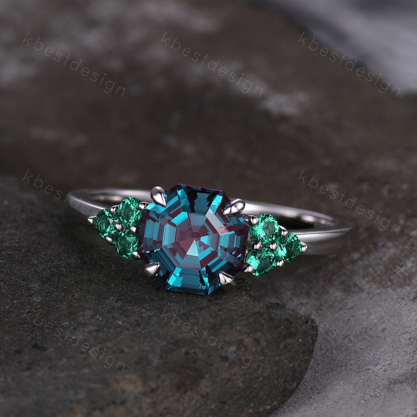 Antique Alexandrite Engagement Ring Set Asscher cut Engagement Ring Unique Art Deco Black Spinel Stacking Matching Band Bridal Promise Set