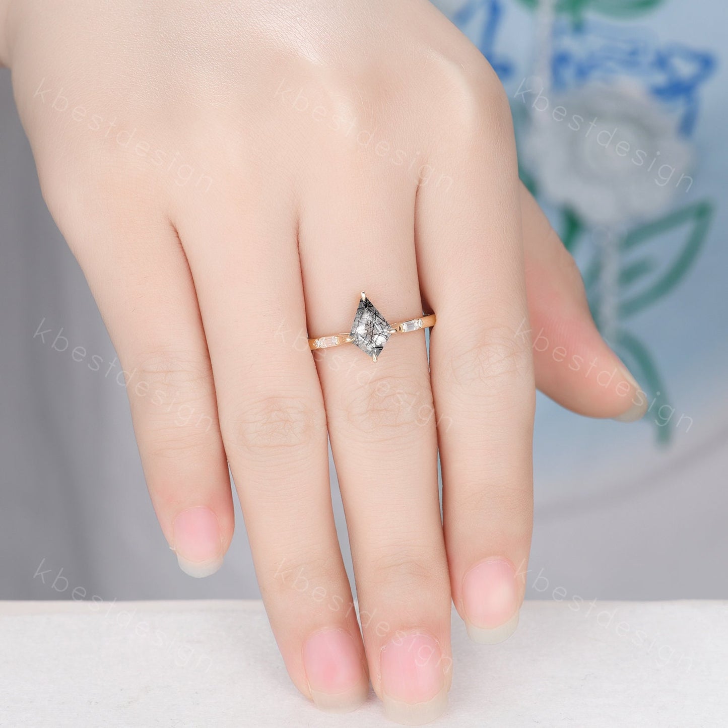 Kite cut black rutilated quartz ring 14k yellow gold ring vintage unique engagement ring three stone baguette cut moissanite ring handmade